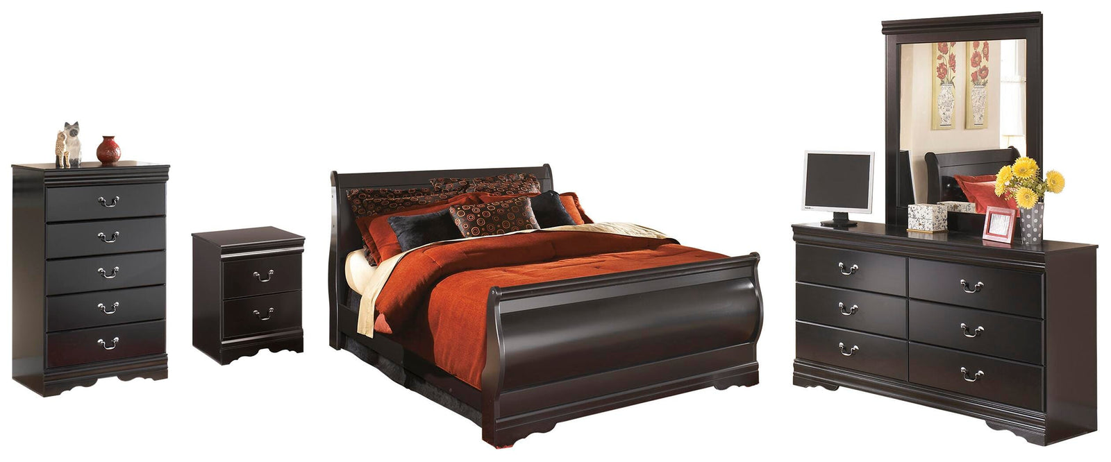 Huey Vineyard Sleigh Bed with Dresser, Mirror, Chest and Nightstand - Black  (B128-SI)