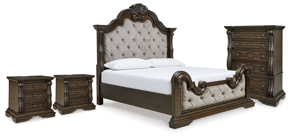 Maylee Upholstered Panel Bed, Chest and 2 Nightstands (B947-SI)