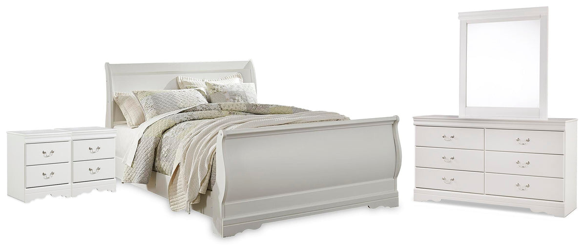 Anarasia Sleigh Bed, Dresser, Mirror and 2 Nightstands - White  (B129-SI)
