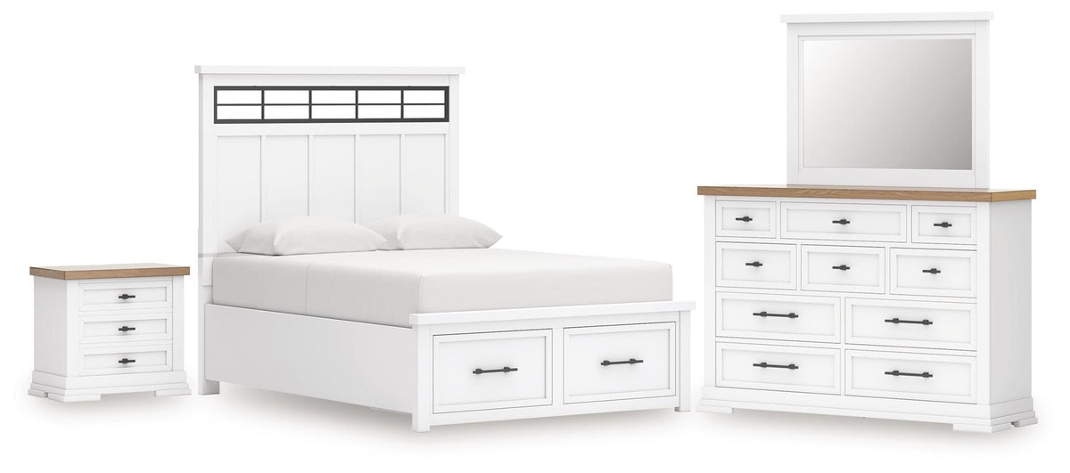 Ashbryn Panel Storage Bed, Dresser, Mirror and Nightstand - White/Natural  (B844-SI)