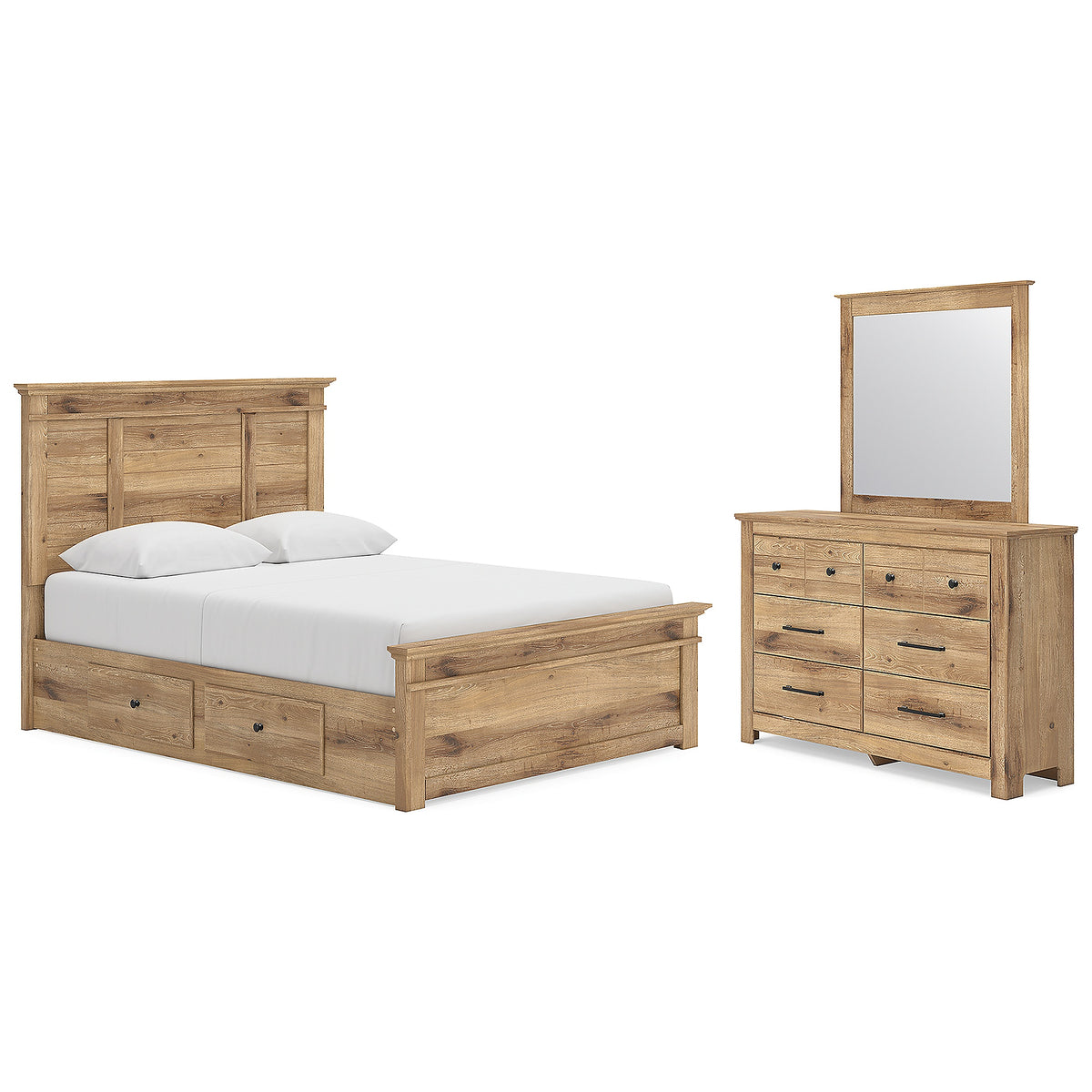 Makidern Queen Panel Bed with Storage, Dresser and Mirror (PCB1170-SI)