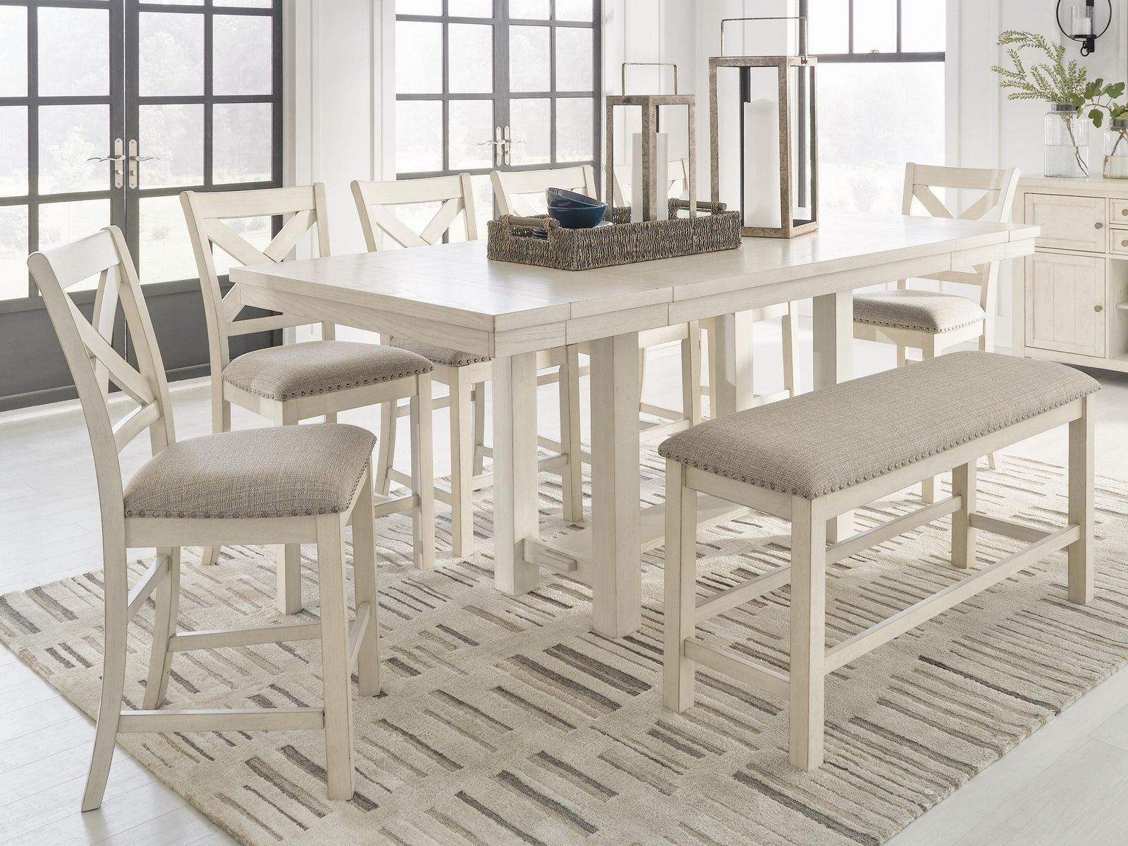 Robbinsdale Counter Height Extension Dining Table, 6 Barstools and Bench (D642-SI) - Image 2