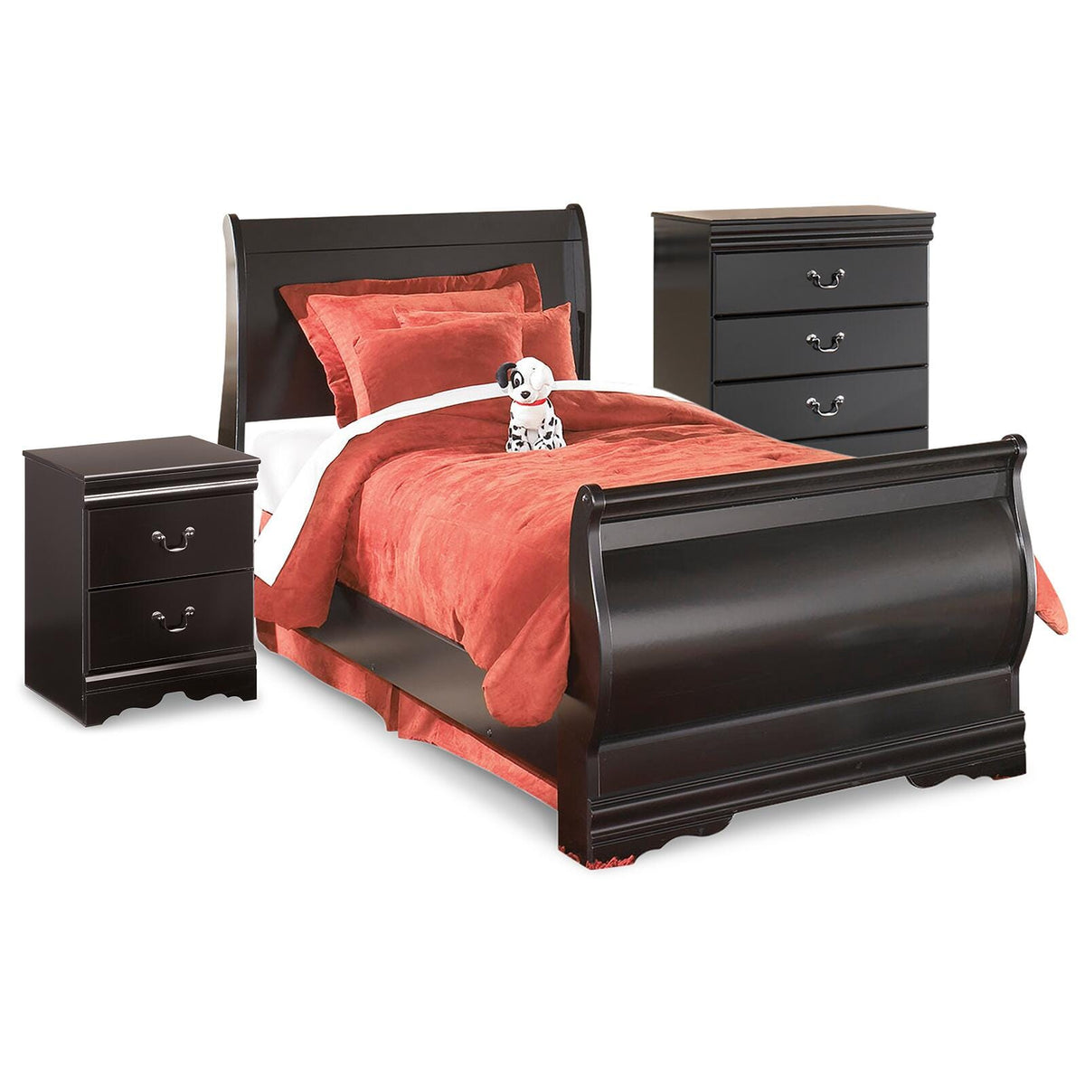 Huey Vineyard Sleigh Bed with Chest of Drawers and Nightstand - Black  (B128-SI)