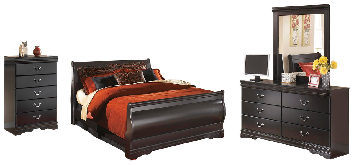 Huey Vineyard Sleigh Bed with Dresser, Mirror and Chest of Drawers - Black  (B128-SI)