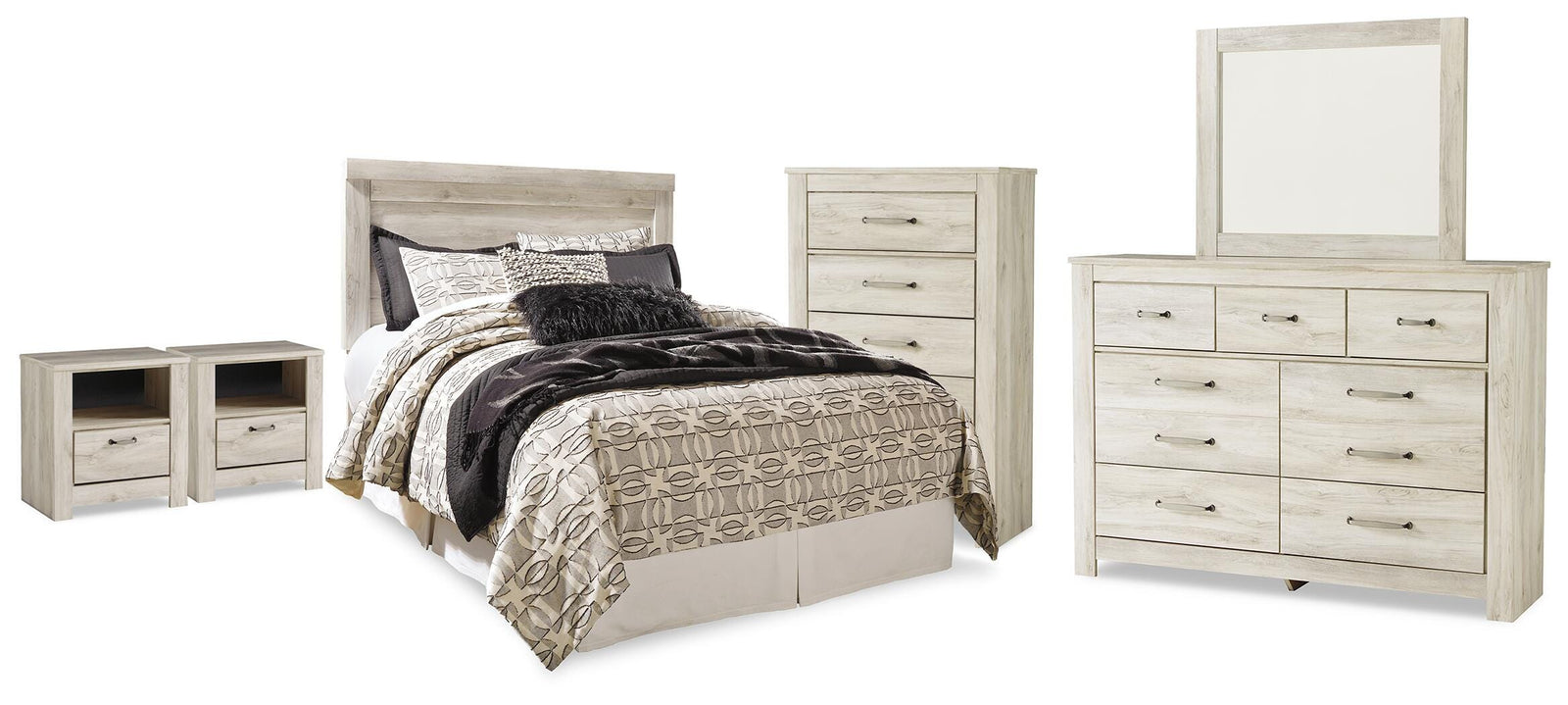 Bellaby Panel Headboard, Dresser, Mirror, Chest and 2 Nightstands (B331-SI)