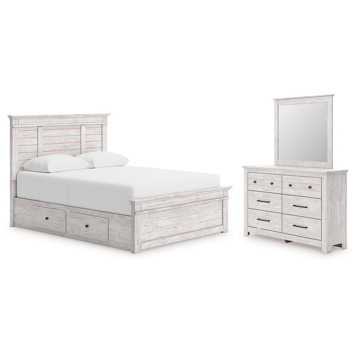 Makidern Queen Panel Bed with Storage, Dresser and Mirror (PCB1171-SI)