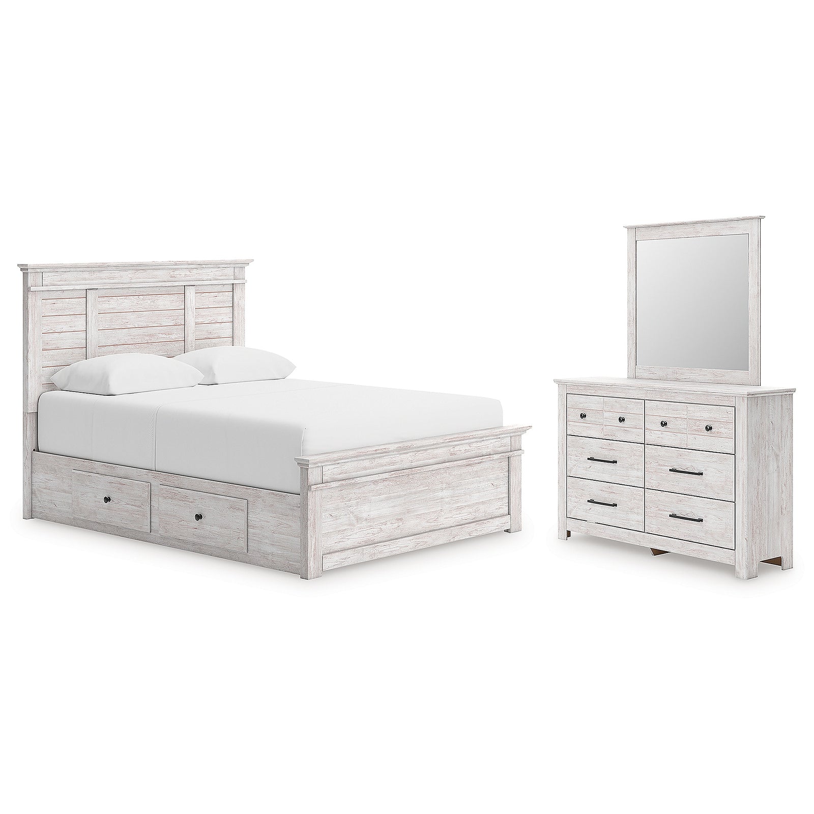 Makidern Queen Panel Bed with Storage, Dresser and Mirror (PCB1171-SI)