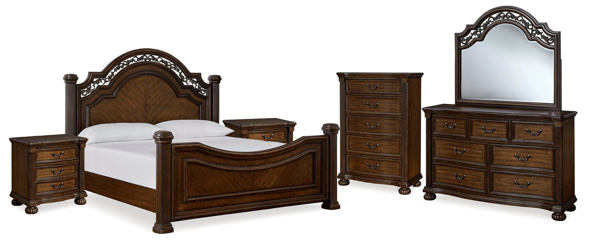 Lavinton Poster Bed, Dresser, Mirror, Chest and 2 Nightstands - Brown  (B764-SI)