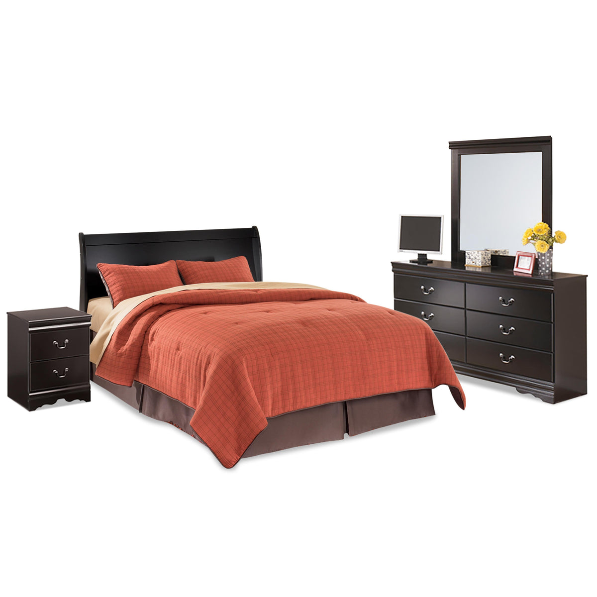 Huey Vineyard Sleigh Headboard, Dresser, Mirror and Nightstand - Black  (B128-SI)