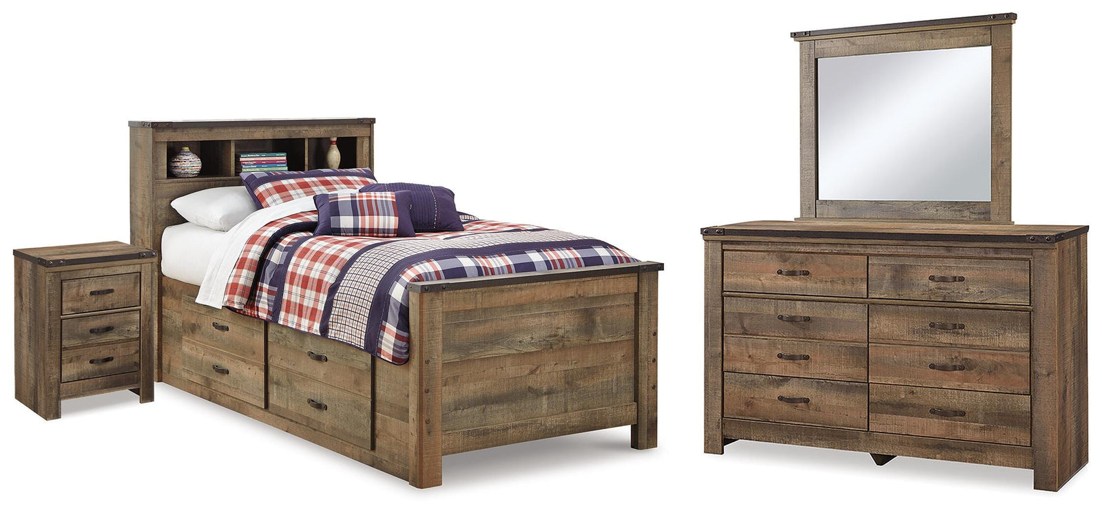 Trinell Bookcase Storage Bed, Dresser, Mirror and Nightstand - Brown  (B446-SI)