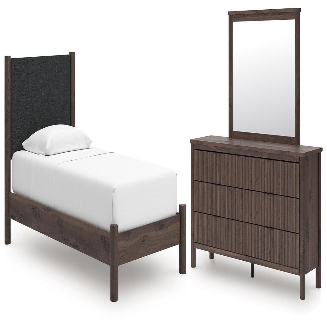 Pamytta Twin Upholstered Platform Bed, Dresser and Mirror (PCB2614-SI)