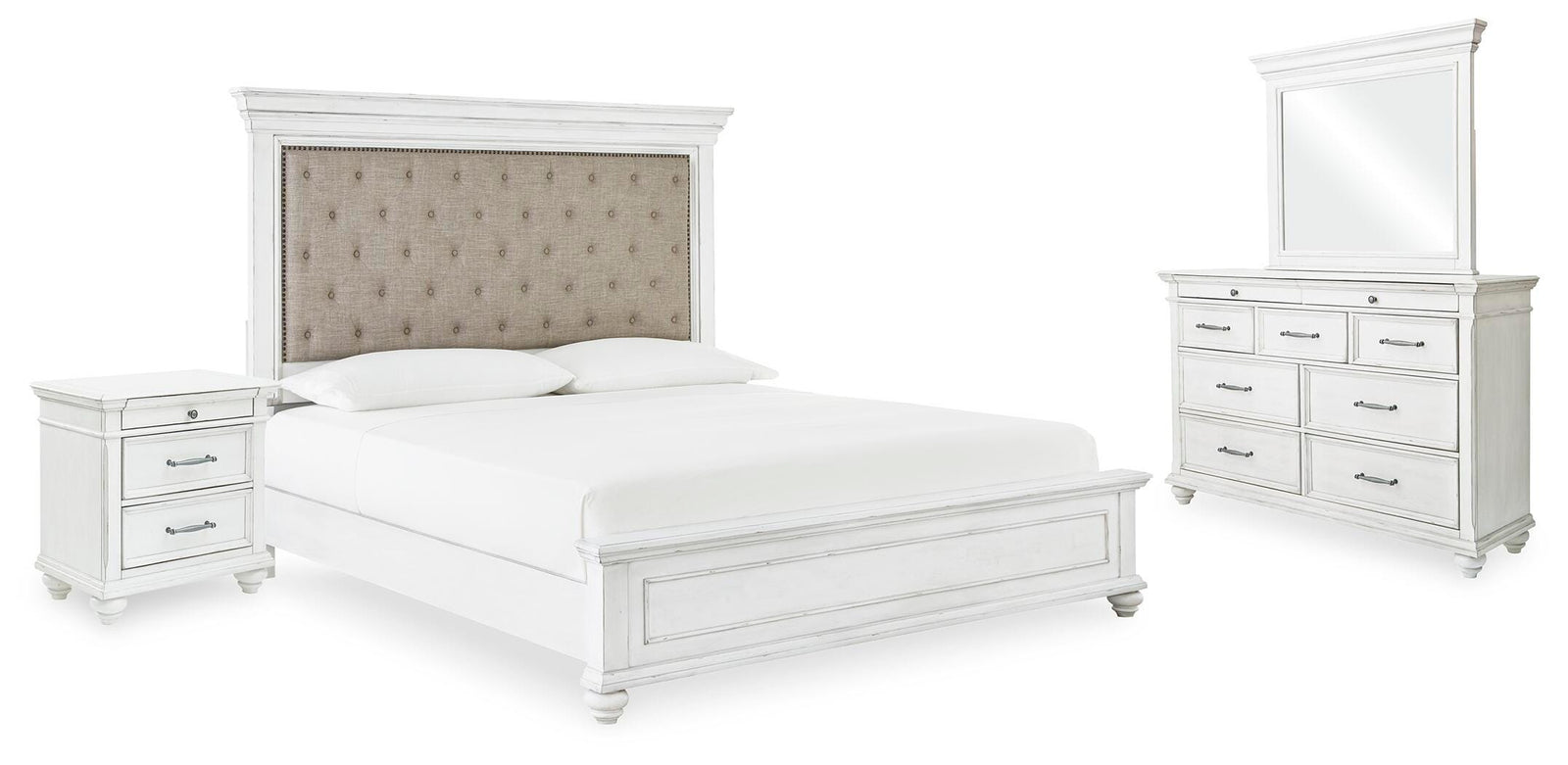 Kanwyn Upholstered Panel Bed, Dresser, Mirror, and Nightstand - Whitewash  (B777-SI)