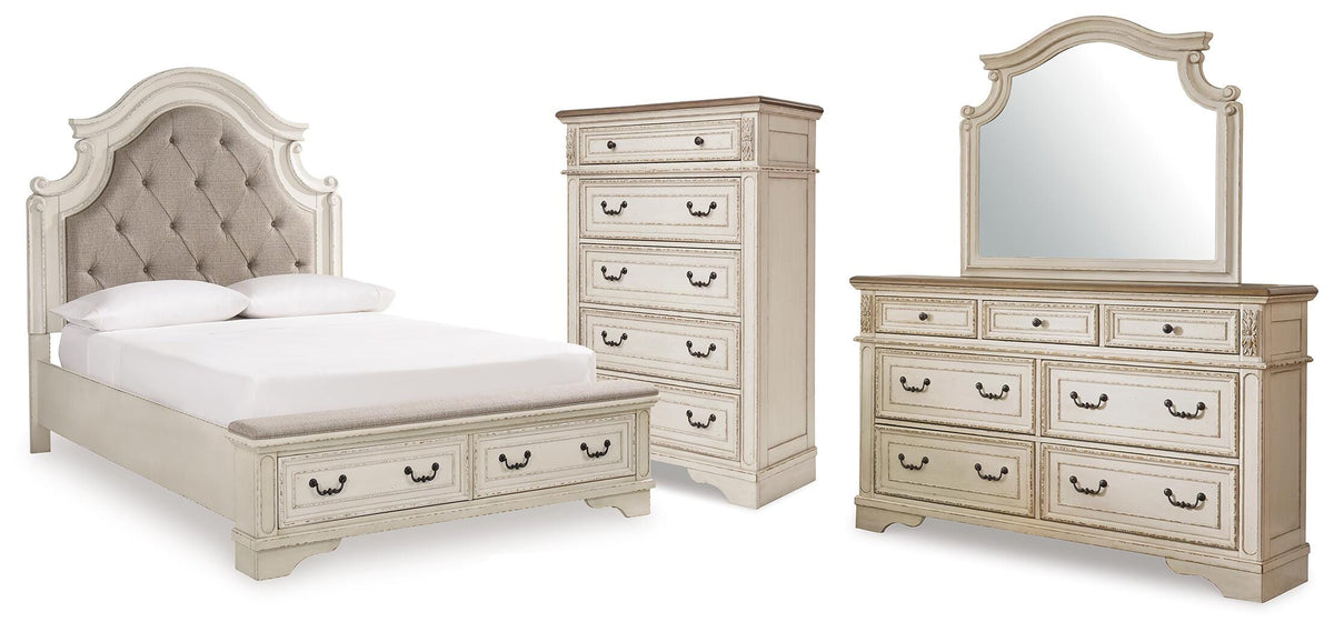 Realyn Upholstered Panel Bed, Dresser, Mirror and Chest (B743-SI)