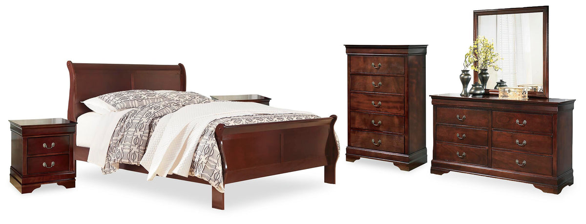 Alisdair Sleigh Bed, Dresser, Mirror, Chest and 2 Nightstands - Reddish Brown  (B376-SI)