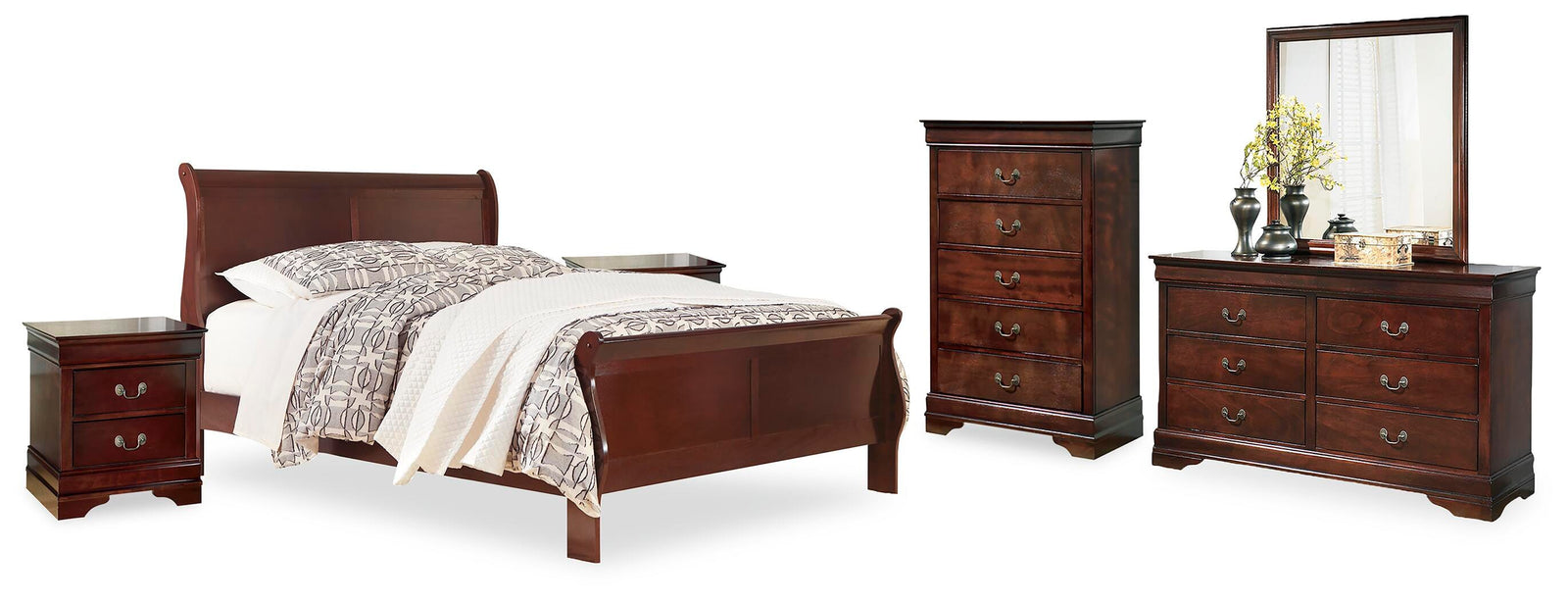 Alisdair Sleigh Bed, Dresser, Mirror, Chest and 2 Nightstands - Reddish Brown  (B376-SI)