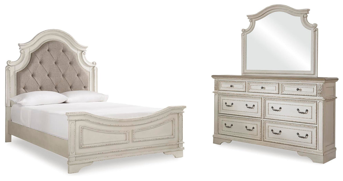 Realyn Upholstered Panel Bed, Dresser and Mirror - Two-tone  (B743-SI)