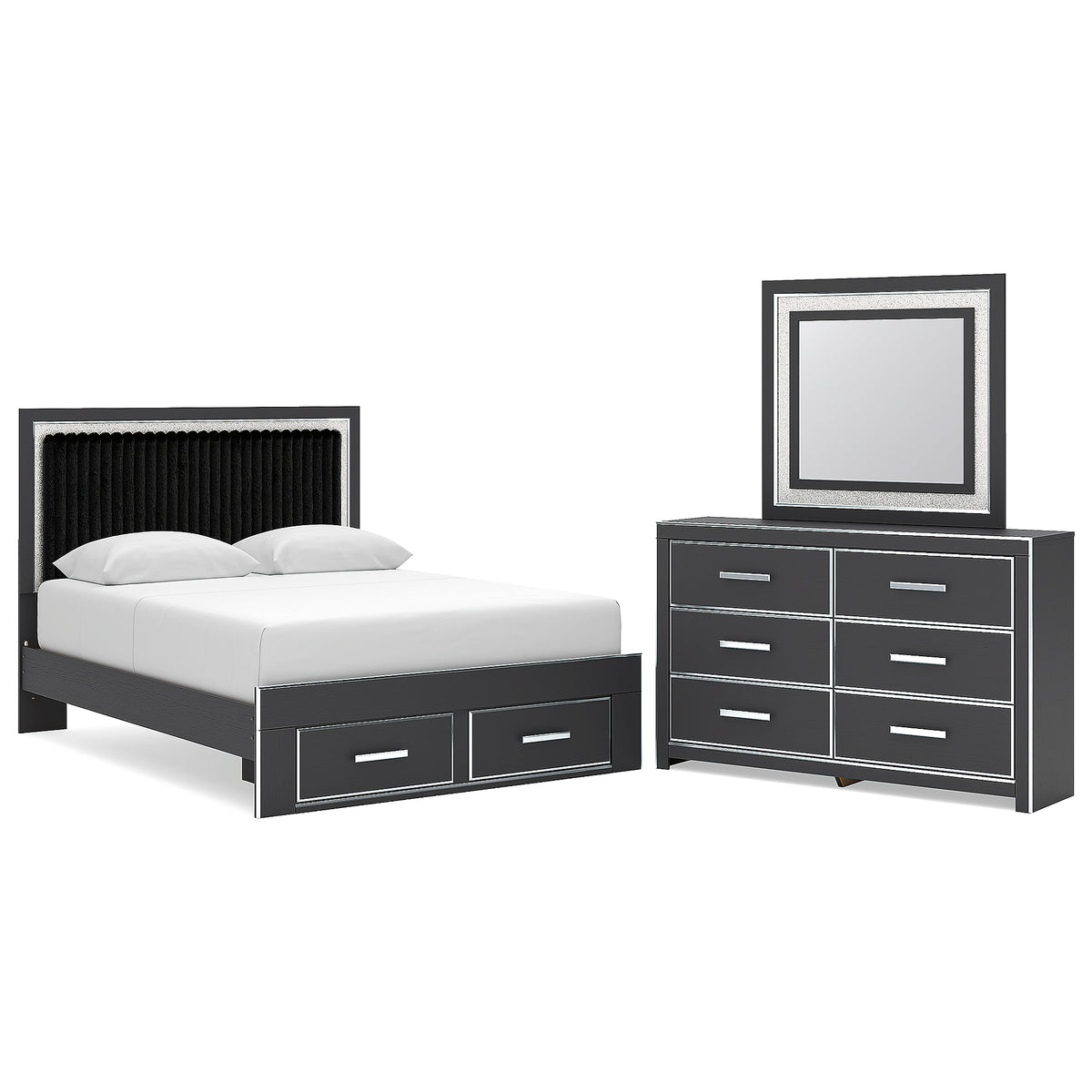 Zuraleus Queen Upholstered Panel Platform Storage Bed, Dresser and Mirror (PCB3380-SI)