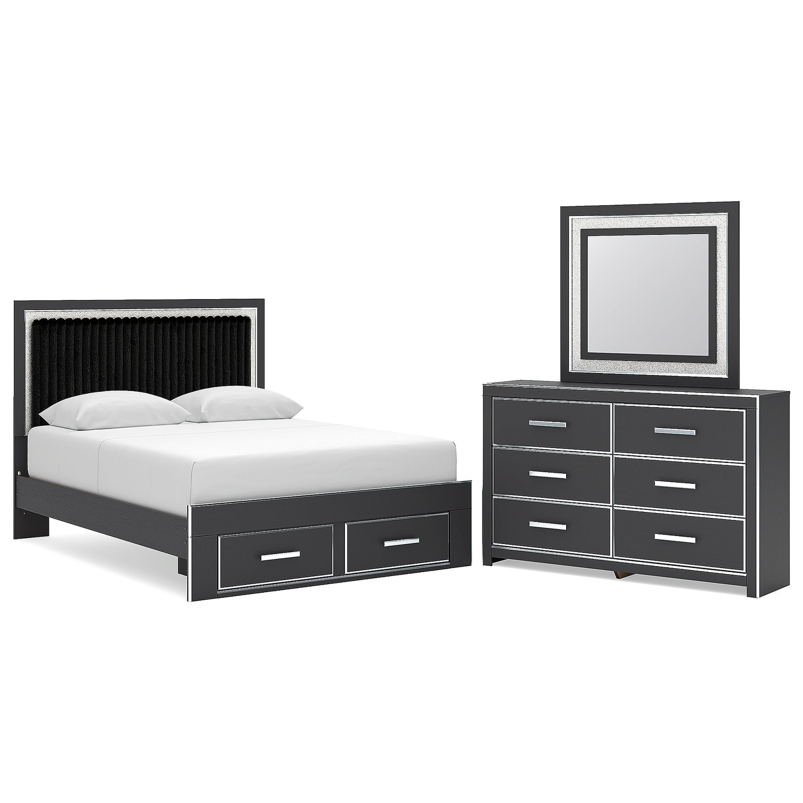 Zuraleus Queen Upholstered Panel Platform Storage Bed, Dresser and Mirror (PCB3380-SI)