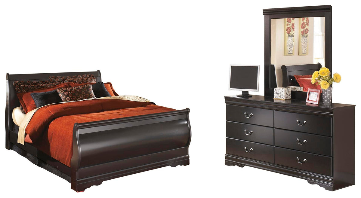 Huey Vineyard Sleigh Bed with Dresser and Mirror - Black  (B128-SI)