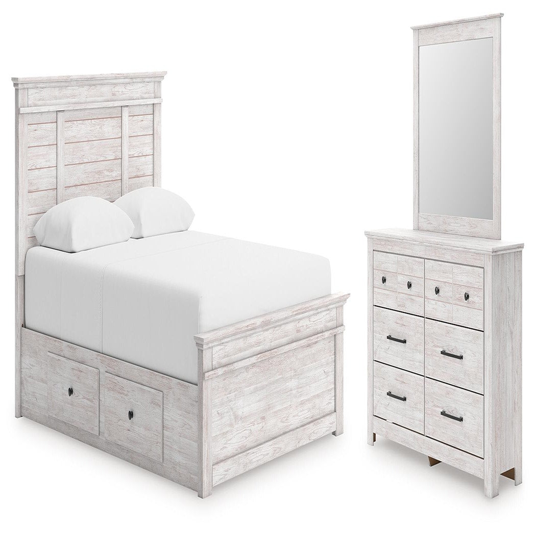 Makidern Queen Panel Bed with Storage, Dresser and Mirror (PCB1171-SI)