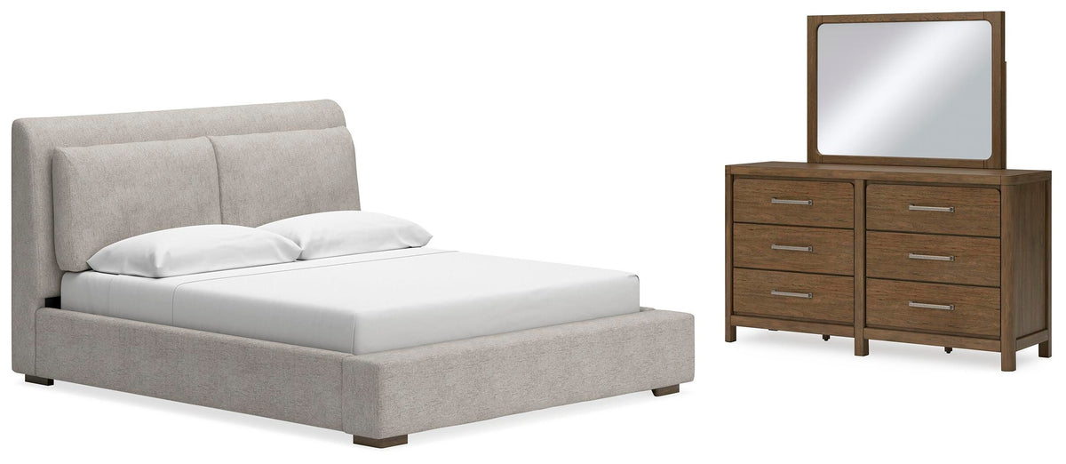 Cabalynn Upholstered Bed, Dresser and Mirror - Light Brown  (B974-SI)