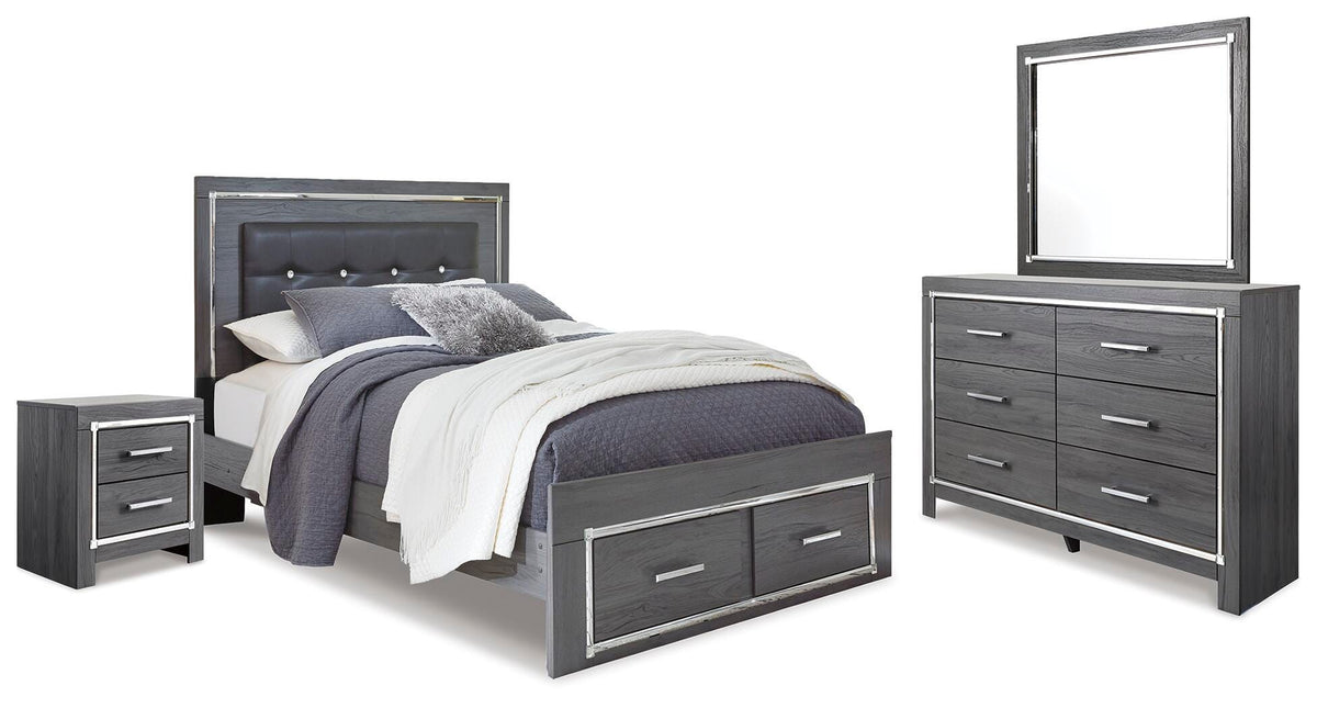 Lodanna Panel Storage Bed with Mirrored Dresser and Nightstand - Gray  (B214-SI)