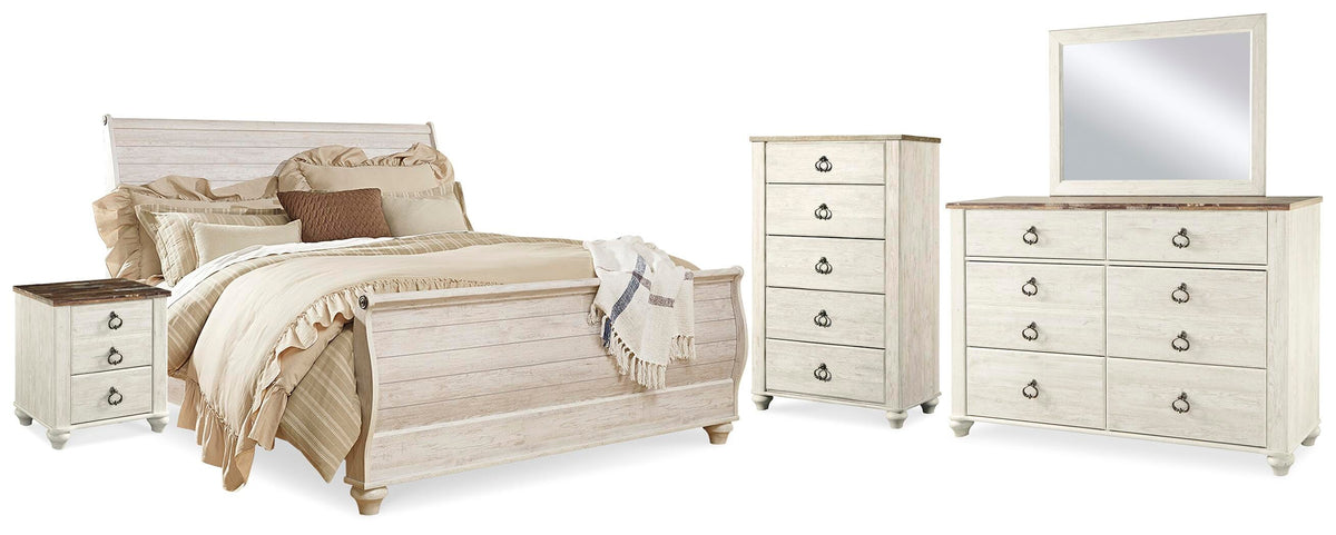 Willowton Sleigh Bed, Dresser, Mirror, Chest and 2 Nightstands - Whitewash  (B267-SI)