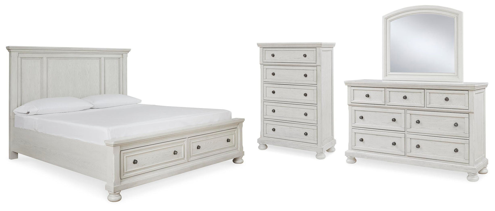 Robbinsdale Panel Storage Bed, Dresser, Mirror and Chest - Antique White  (B742-SI)
