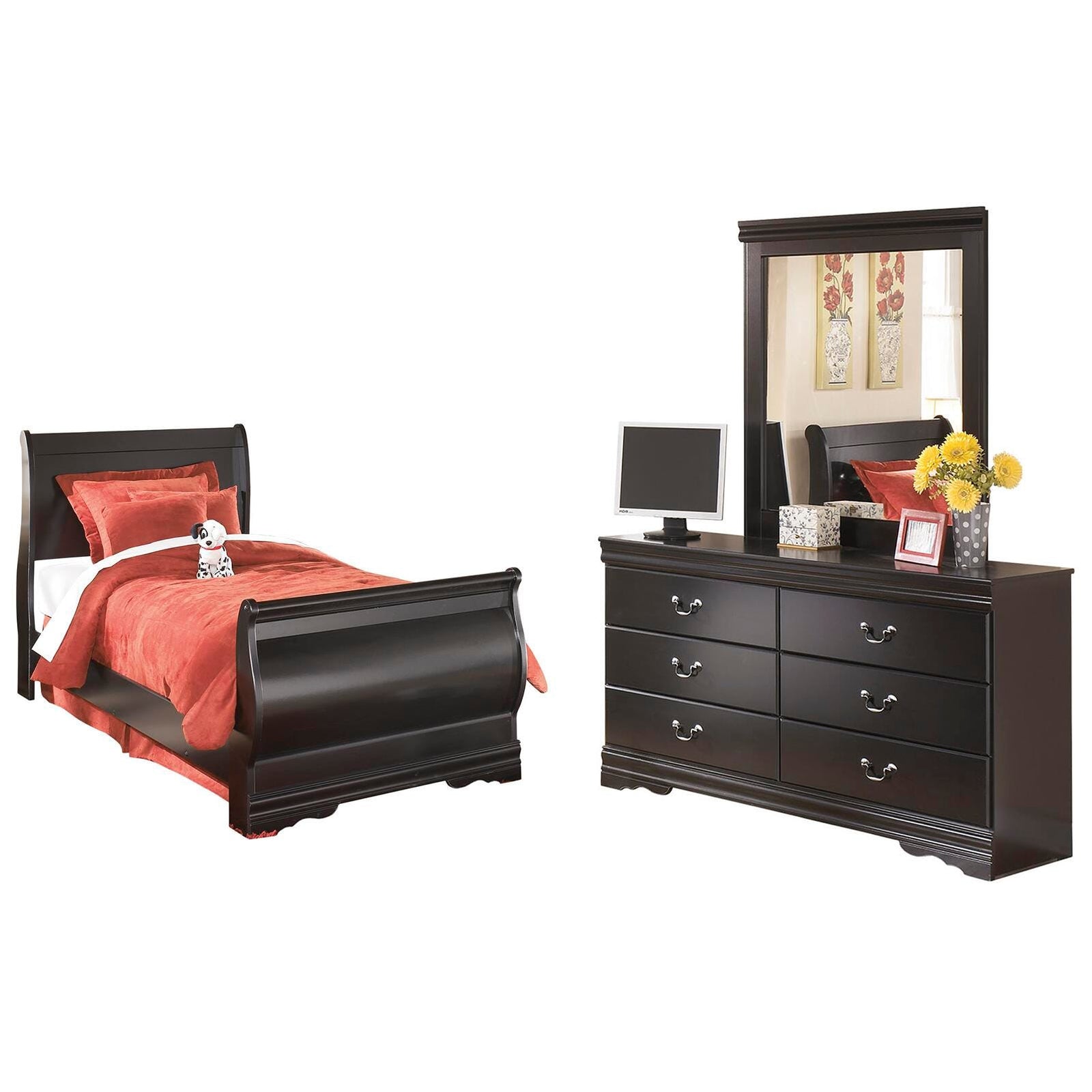 Huey Vineyard Sleigh Bed with Dresser and Mirror - Black  (B128-SI)