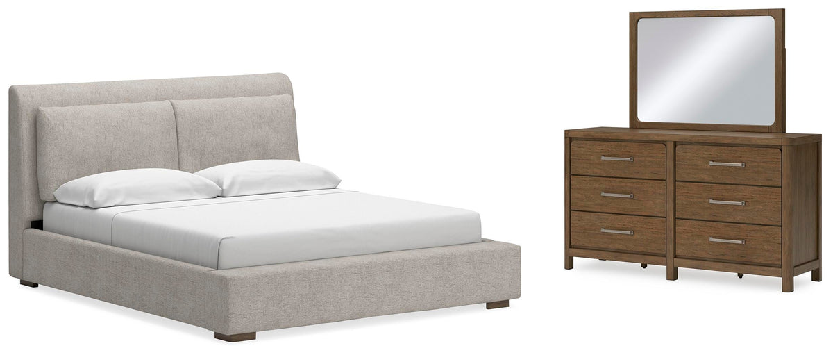 Cabalynn Upholstered Bed, Dresser and Mirror - Light Brown  (B974-SI)