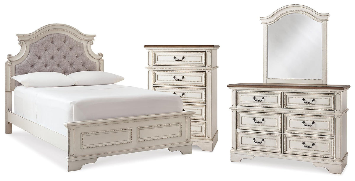 Realyn Panel Bed, Dresser, Mirror and Chest - Two-tone  (B743-SI)