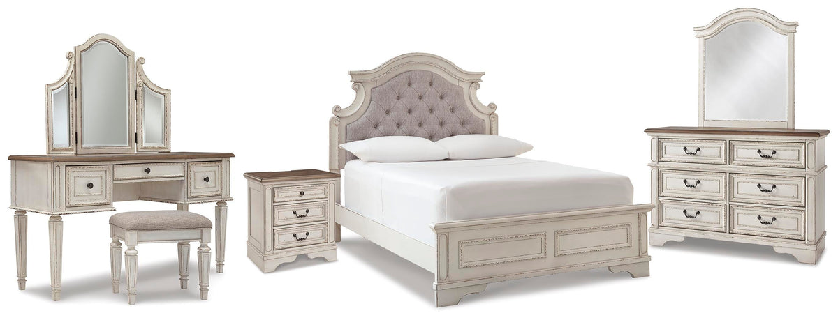 Realyn Panel Bed, Dresser, Mirror, 3-Piece Vanity and Nightstand - Two-tone  (B743-SI)