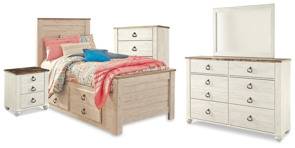 Willowton Bed with Storage, Dresser, Mirror, Chest and Nightstand - Whitewash  (B267-SI)