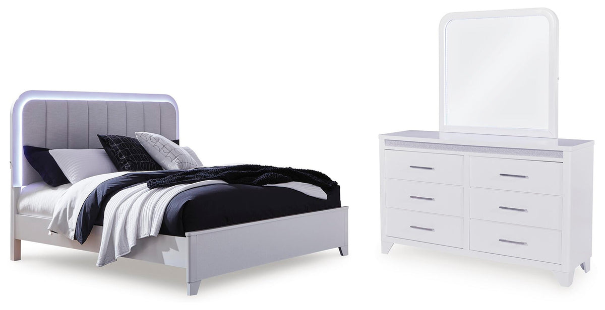 Jarlee Queen Upholstered Panel Bed, Dresser and Mirror (PCB392-SI)
