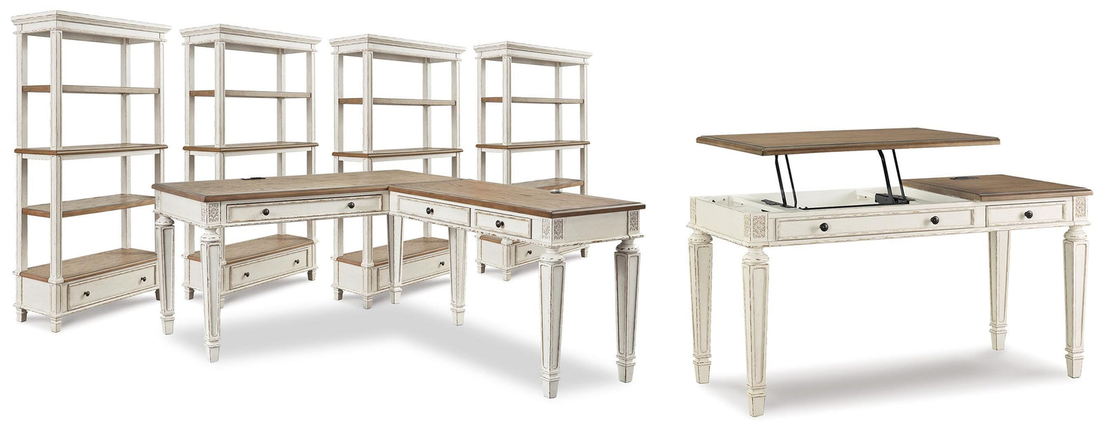 Realyn Lift-top Desk, L-shaped Desk and 4 Bookcases (H743-SI)