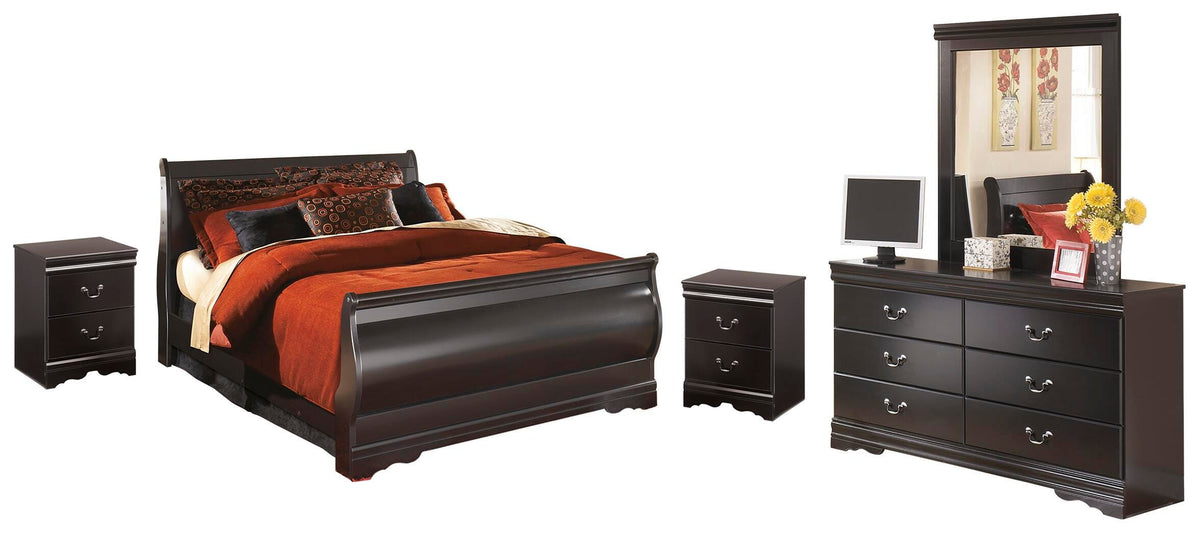 Huey Vineyard Sleigh Bed with Mirrored Dresser and 2 Nightstands - Black  (B128-SI)