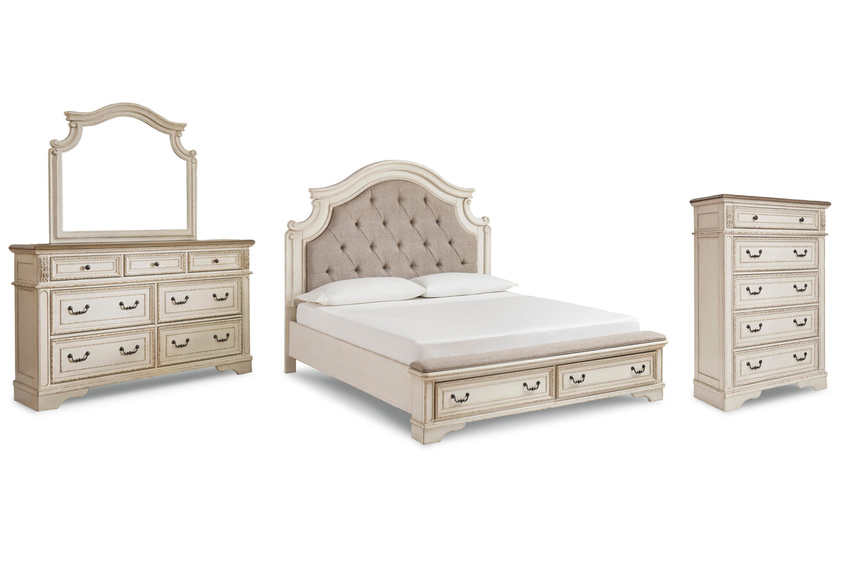 Realyn Upholstered Bed, Dresser, Mirror and Chest - Chipped White  (B743-SI)
