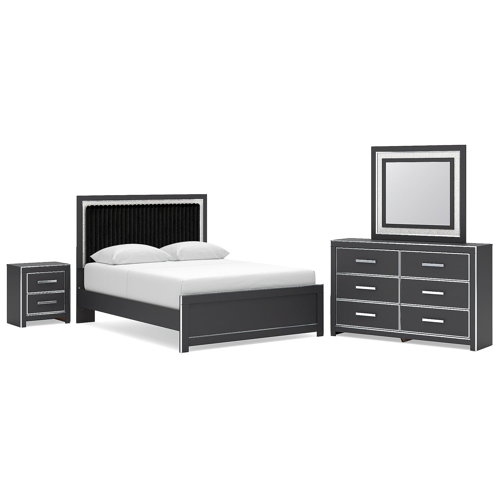 Zuraleus Queen Upholstered Bed, Dresser, Mirror and Nightstand (PCB3380-SI)