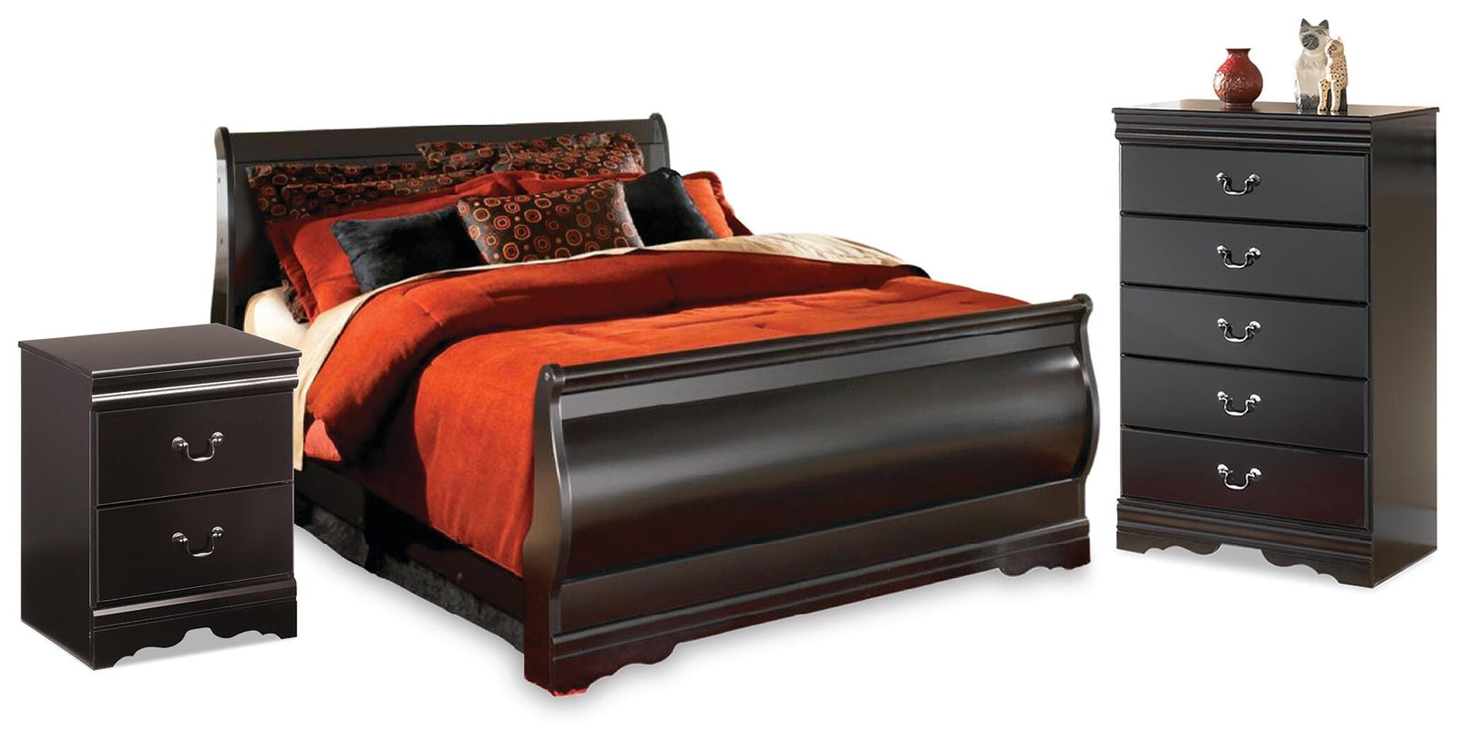 Huey Vineyard Sleigh Bed, Chest and Nightstand - Black  (B128-SI)