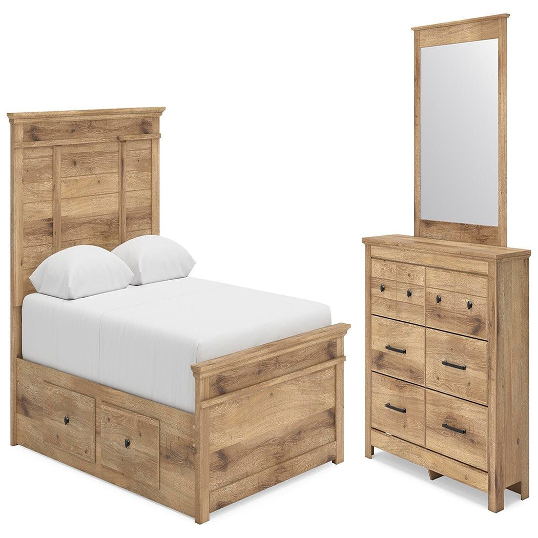 Makidern Queen Panel Bed with Storage, Dresser and Mirror (PCB1170-SI)
