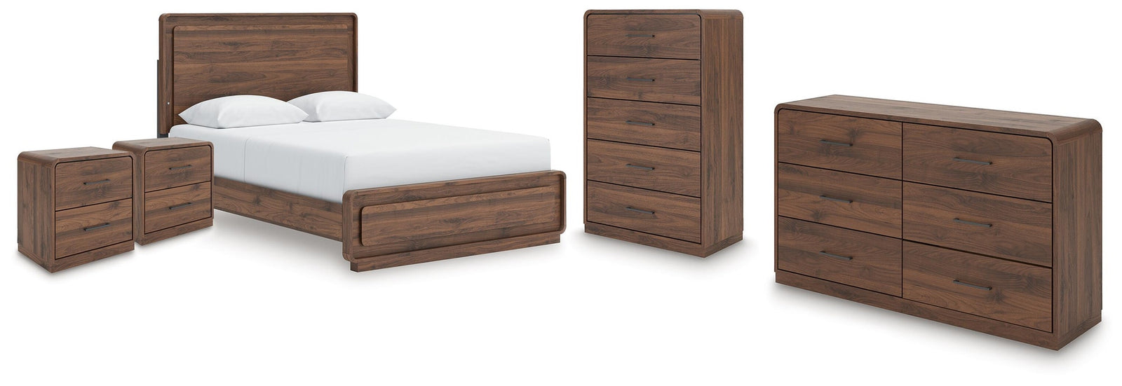 Fortlorn Queen Panel Bed, Dresser, Chest and 2 Nightstands (PCB386-SI)