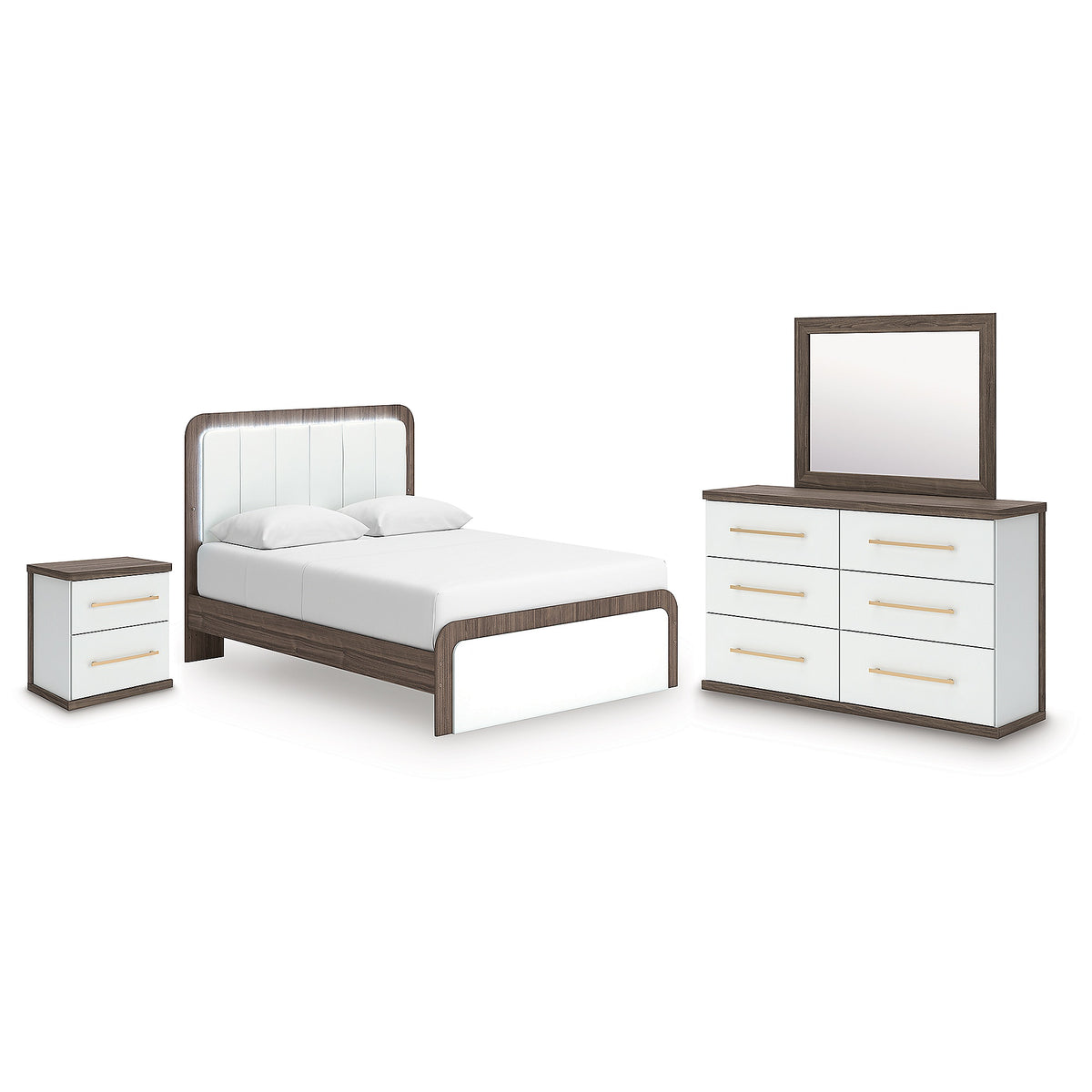 Kendanport Queen Upholstered Bed, Dresser, Mirror and Nightstand (PCB1108-SI)