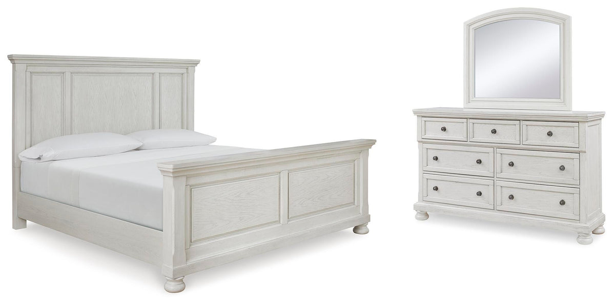 Robbinsdale Panel Bed, Dresser and Mirror - Antique White  (B742-SI)