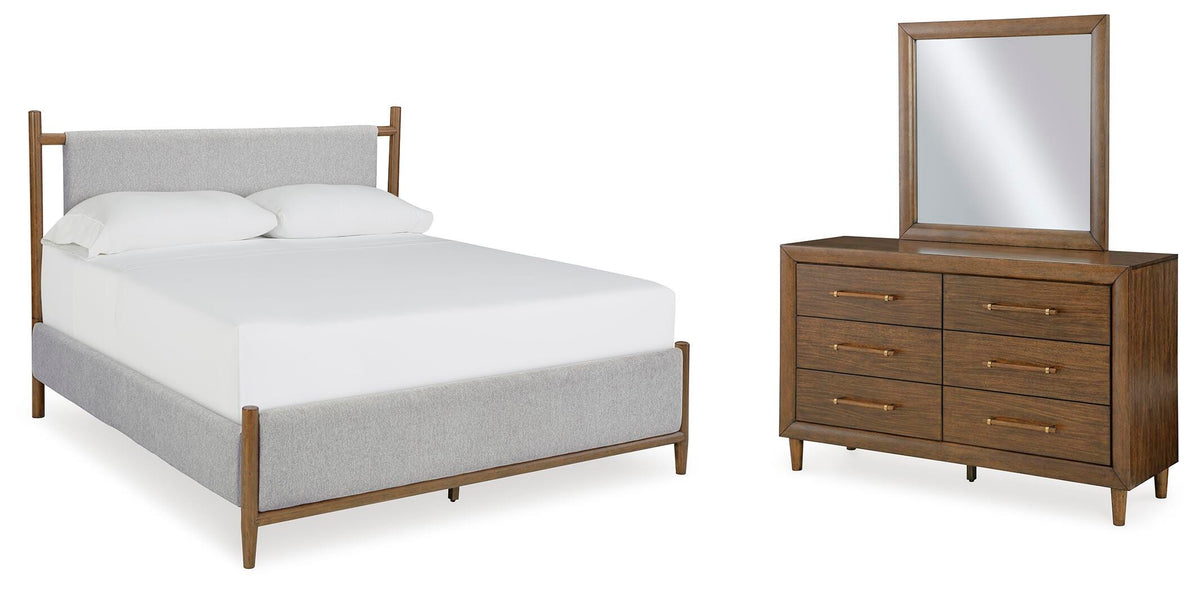 Lyncott Upholstered Bed, Dresser and Mirror - Brown  (B615-SI)
