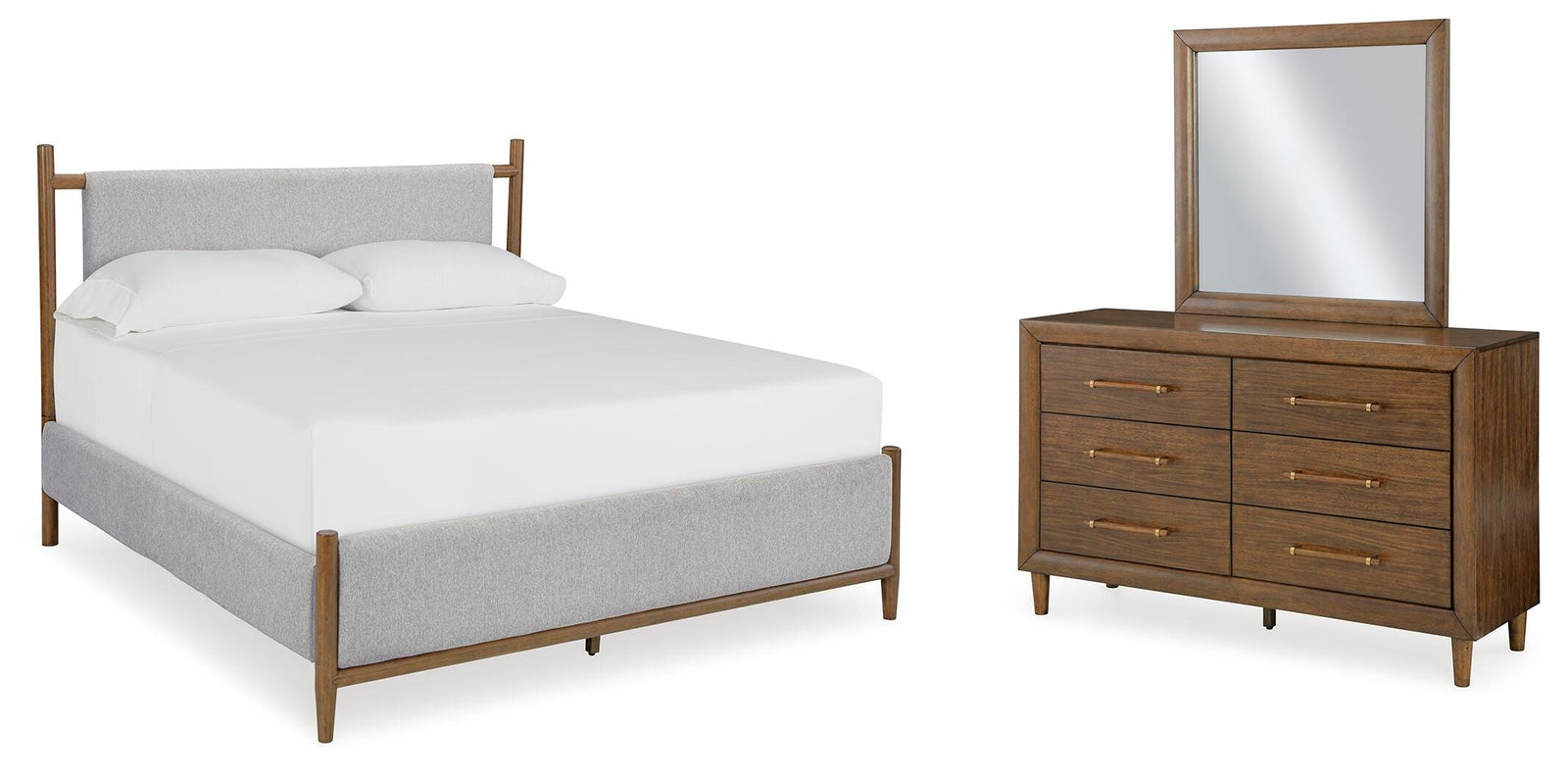 Lyncott Upholstered Bed, Dresser and Mirror - Brown  (B615-SI)
