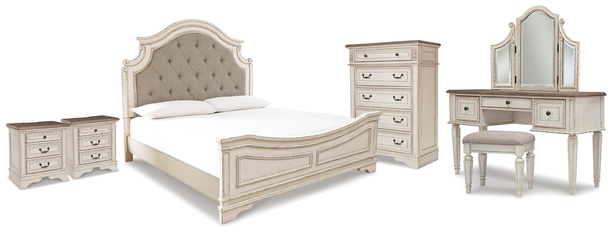 Realyn Panel Bed, Vanity, Chest and 2 Nightstands - Two-tone  (B743-SI)