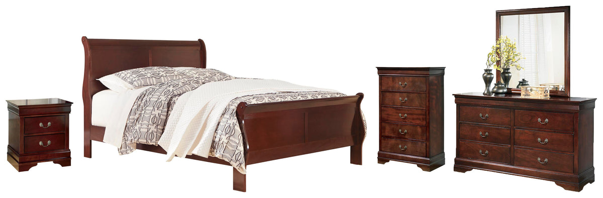 Alisdair Sleigh Bed, Dresser, Mirror, Chest and Nightstand - Reddish Brown  (B376-SI)