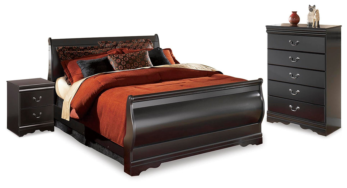 Huey Vineyard Sleigh Bed, Chest and 2 Nightstands - Black  (B128-SI)