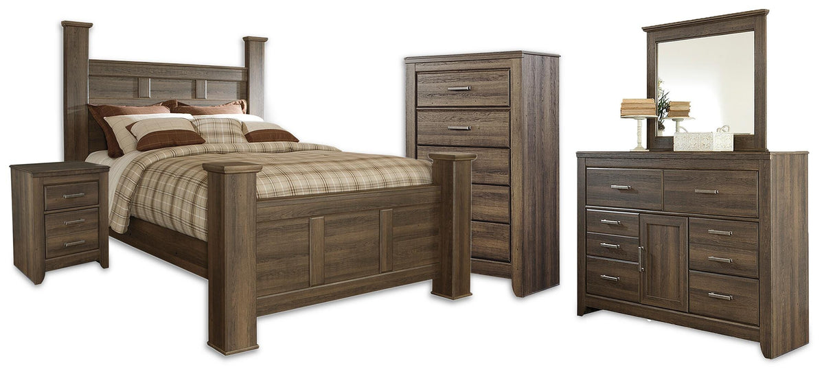Juararo Poster Bed, Dresser, Mirror, Chest and Nightstand - Dark Brown  (B251-SI)