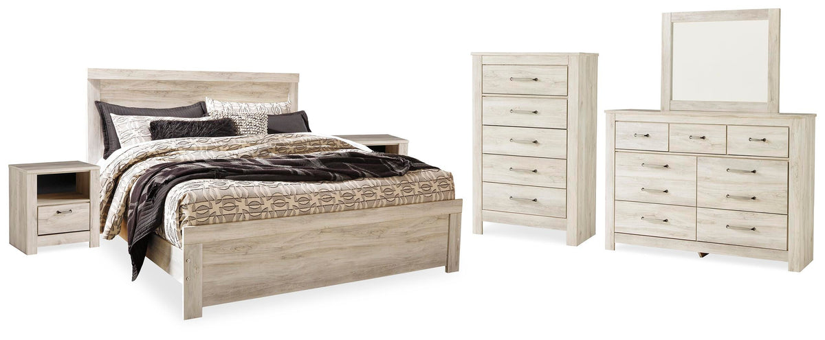 Bellaby Panel Bed, Dresser, Mirror, Chest and 2 Nightstands - Whitewash  (B331-SI)